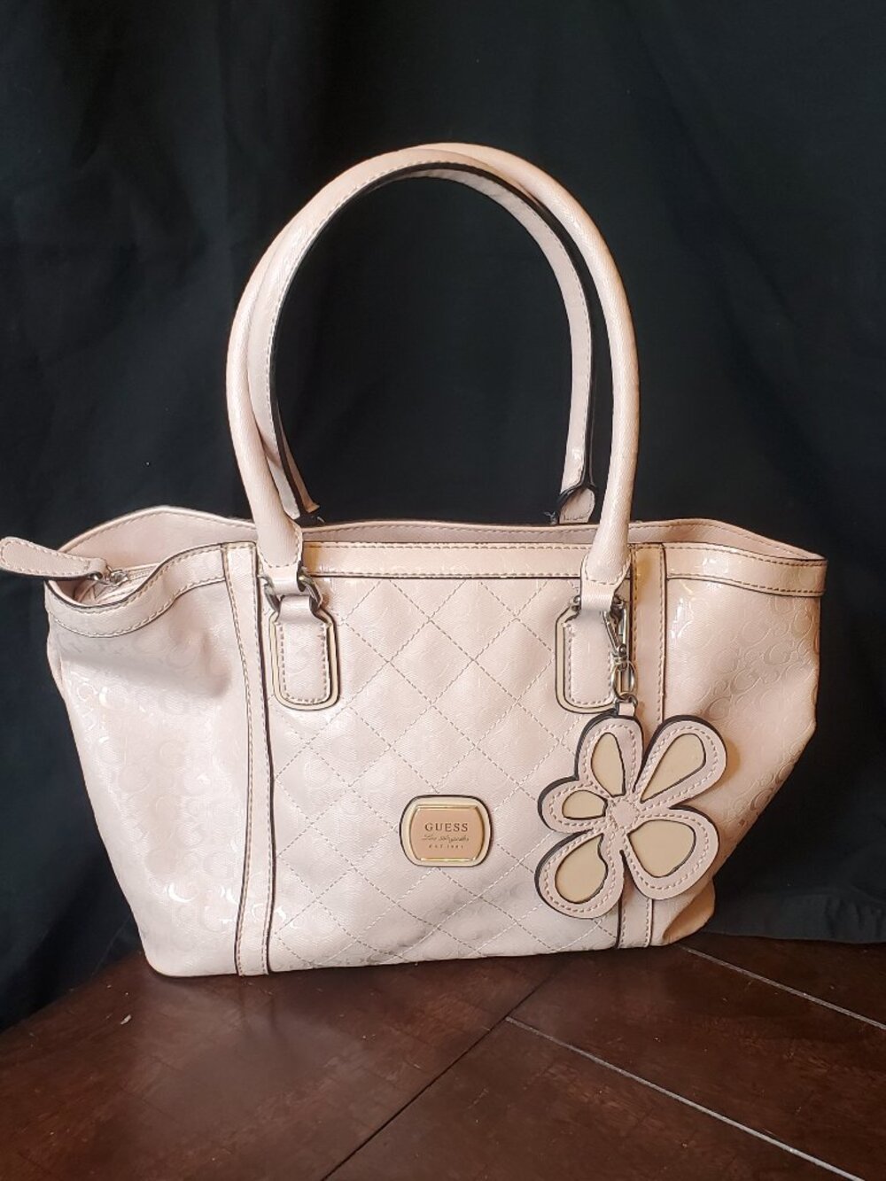 GUESS Light Pink Blush Patent Faux Leather Monogram Tote Shoulder Bag